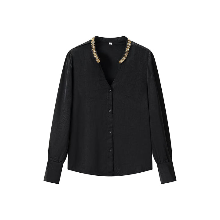 Women's Shimmering Blouse with Decorated Jewelry Collar and Gathered Balloon Sleeves Mune Fashion