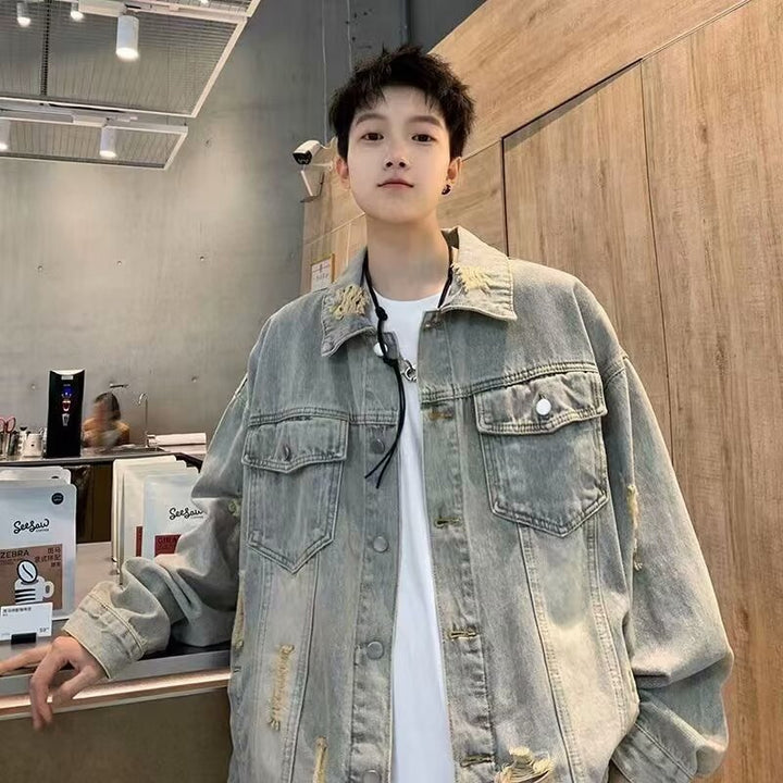 Men's Oversized Denim Jacket in Vintage Look with Distressed Details and Flap Pockets Mune Fashion