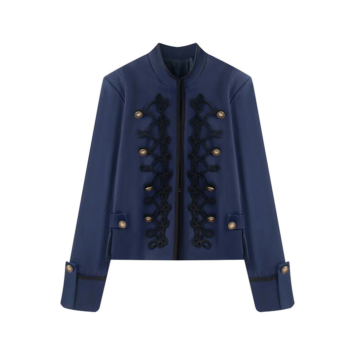 Women's short jacket in uniform style with ornamental cord decoration, stand-up collar and concealed zipper Mune Fashion