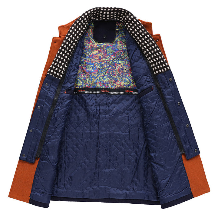 Men's Mid-length Wool Blend Coat with Stand Collar, Quilted Thermal Lining and Contrast Trim Mune Fashion