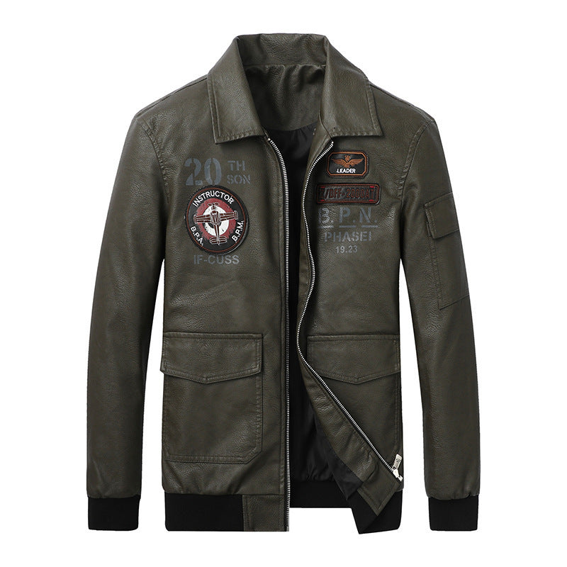 Men's pilot jacket in vintage leather look with patch applications, flap pockets, and sleeve utility pocket Mune Fashion