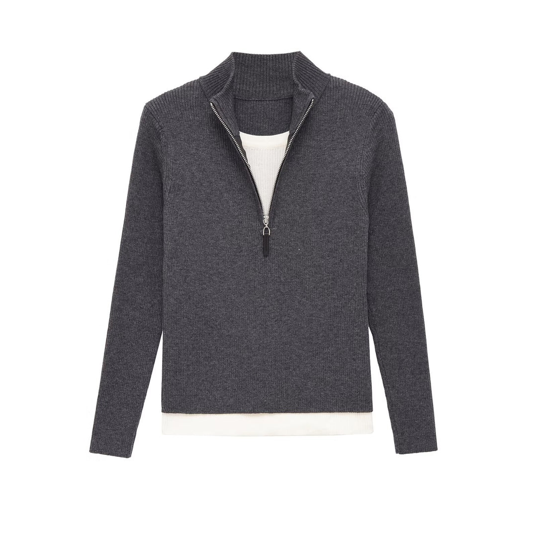 Women's fine knit sweater with half zipper, standing collar and layered look hem Mune Fashion