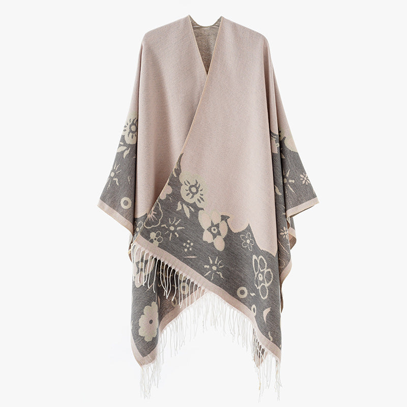 Women's Kimono-Style Oversized Poncho made of Jacquard Knit with Floral Border Design and Fringe Hem Mune Fashion