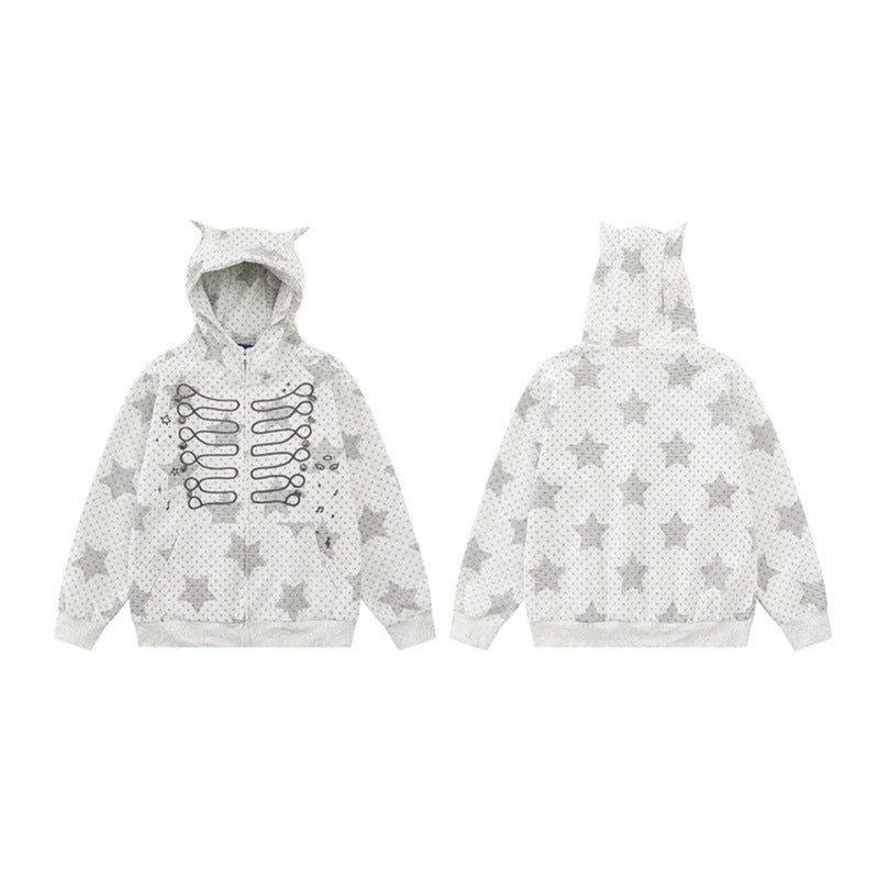 Women's Hoodie Sweat Jacket with 3D Ear Appliqués, Full Zip and Playful Military Illustration Print Mune Fashion