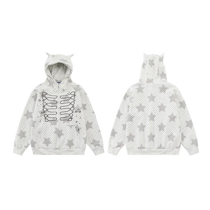 Women's Hoodie Sweat Jacket with 3D Ear Appliqués, Full Zip and Playful Military Illustration Print Mune Fashion