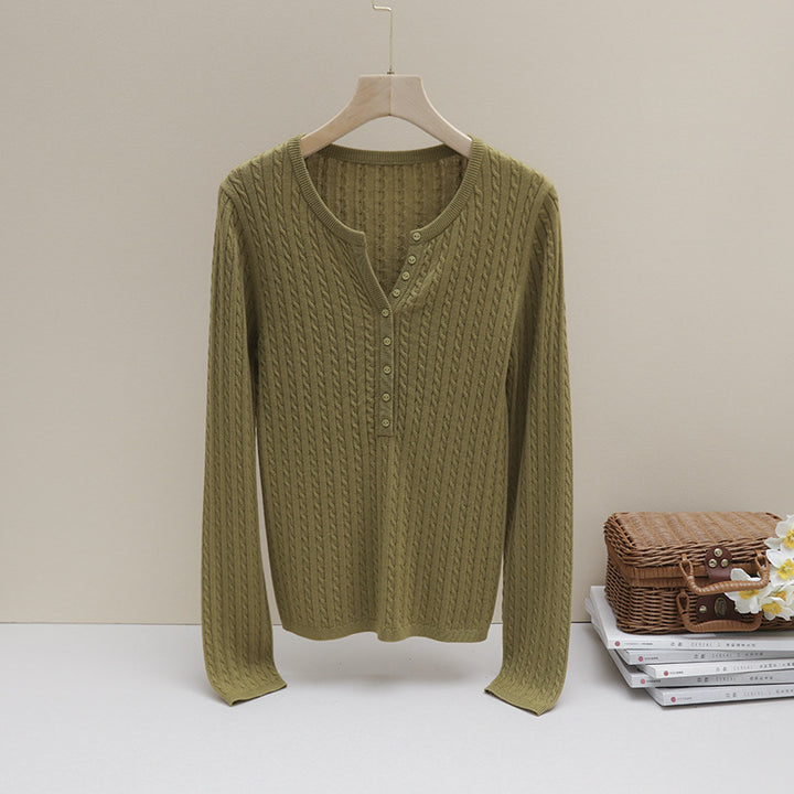 Women's Fine Cable Pattern Henley Fine Knit Shirt with Round Neck & Button Placket Mune Fashion
