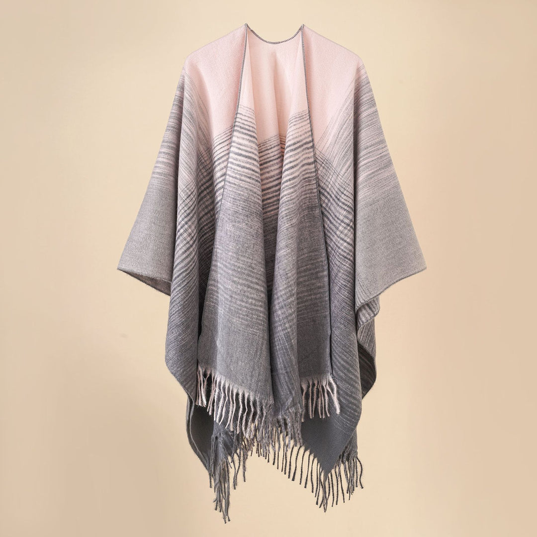 Women's Fringe Cape made of wool blend with open fall and reversible jacquard Mune Fashion