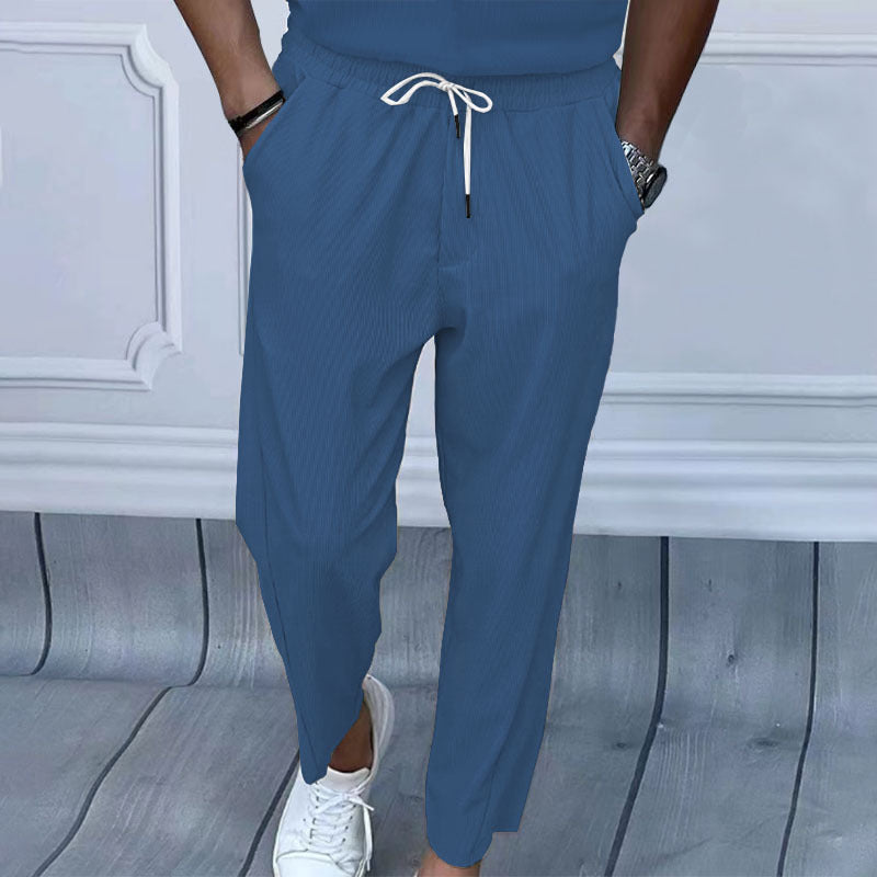 Men's Lightweight Casual Pants with Elastic Waistband, Drawstring & Fine Vertical Structure Mune Fashion