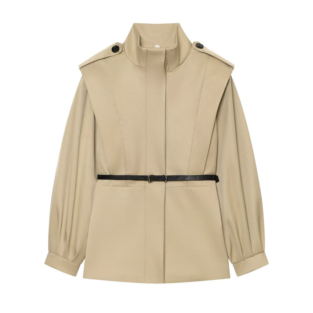 Women Short Cape Trench with High Funnel Collar and Waist Belt Mune Fashion