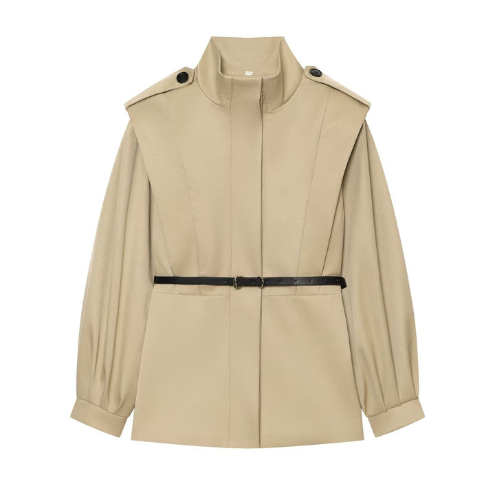 Women Short Cape Trench with High Funnel Collar and Waist Belt Mune Fashion