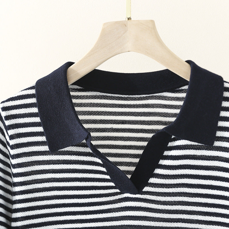 Women's striped polo fine knit shirt with open V-slit and contrasting collar Mune Fashion
