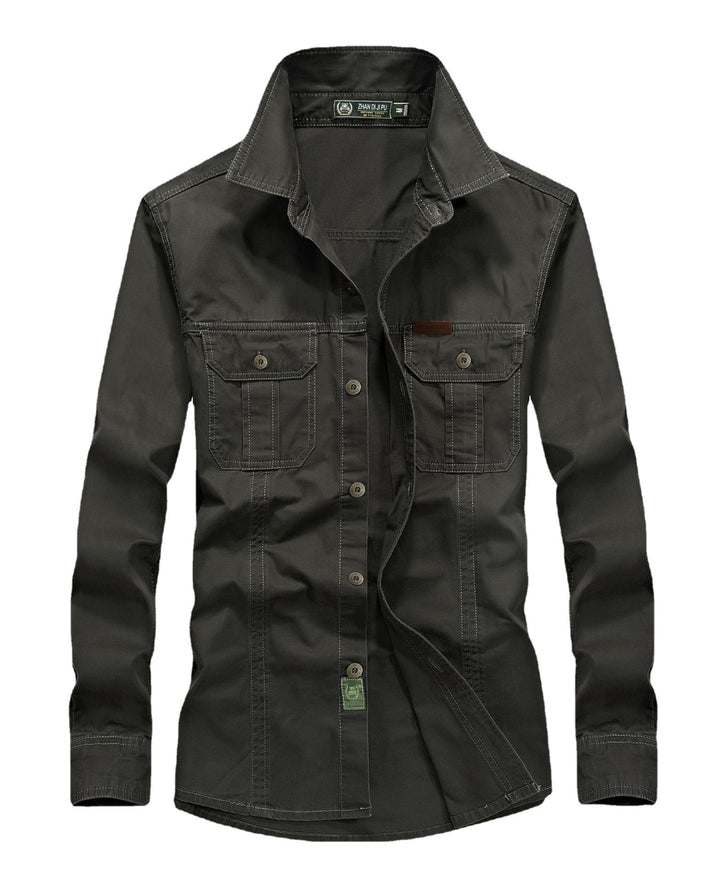 Men's Canvas Utility Shirt Jacket with Contrast Stitches and Chest Flap Pockets Mune Fashion