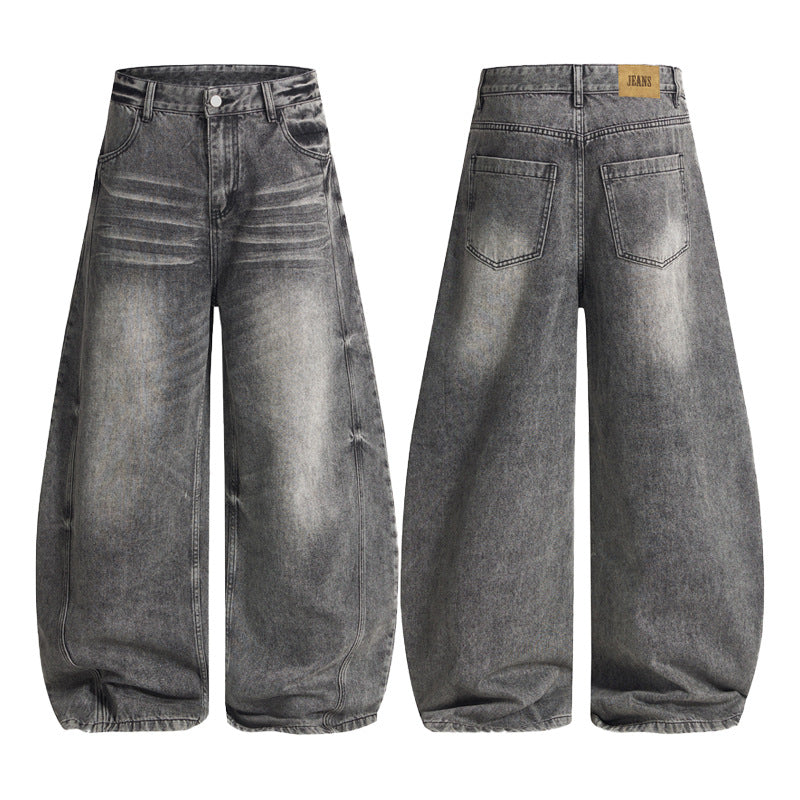 Men's Ultra-wide Vintage Washed Denim Palazzo Pants with Low Croth and Straight Hem Mune Fashion