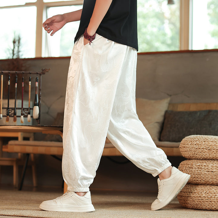 Men's wide Jacquard satin harem pants with drawstring, elastic cuffs, and traditional dragon motif Mune Fashion