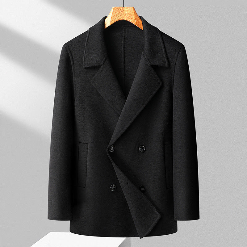Men's Double-Breasted Wool Short Coat with Lapel Collar Mune Fashion