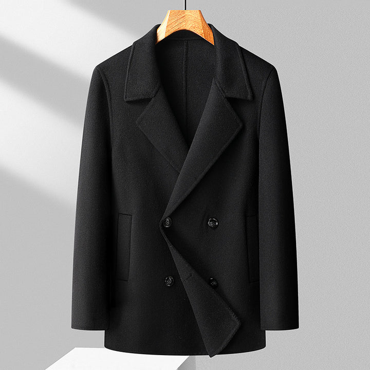 Men's Double-Breasted Wool Short Coat with Lapel Collar Mune Fashion