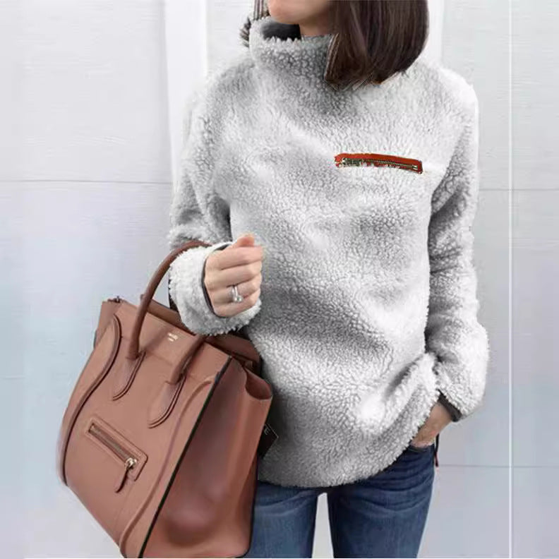 Women's cozy teddy fleece pullover with stand-up collar and chest zipper Mune Fashion