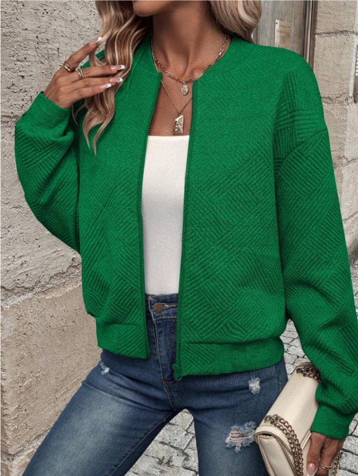 Women Structured Bomber Cardigan with Zipper and Ribbed Cuffs Mune Fashion