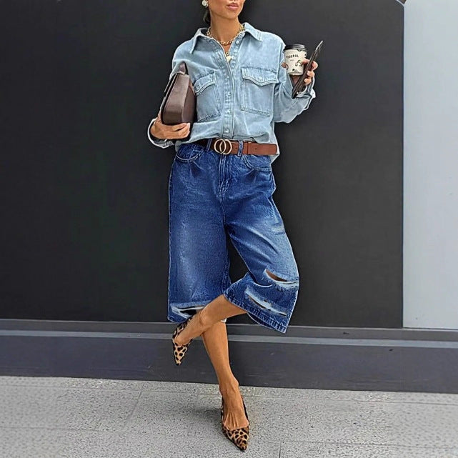 Women High-Waisted Denim Culotte with Destroyed Inserts and Raw Hem Mune Fashion