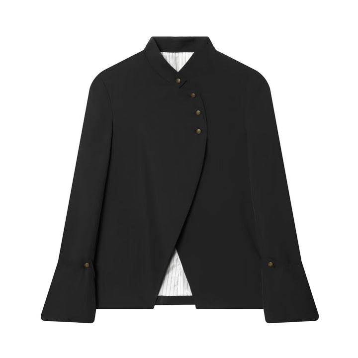 Women Asymmetrical Short Blazer with Stand Collar and Decorative Button Placket Mune Fashion