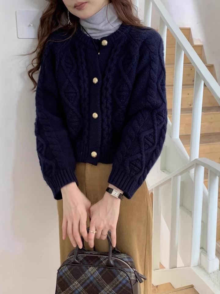 Women Short Cable Knit Cardigan with Gold Decorative Buttons Mune Fashion