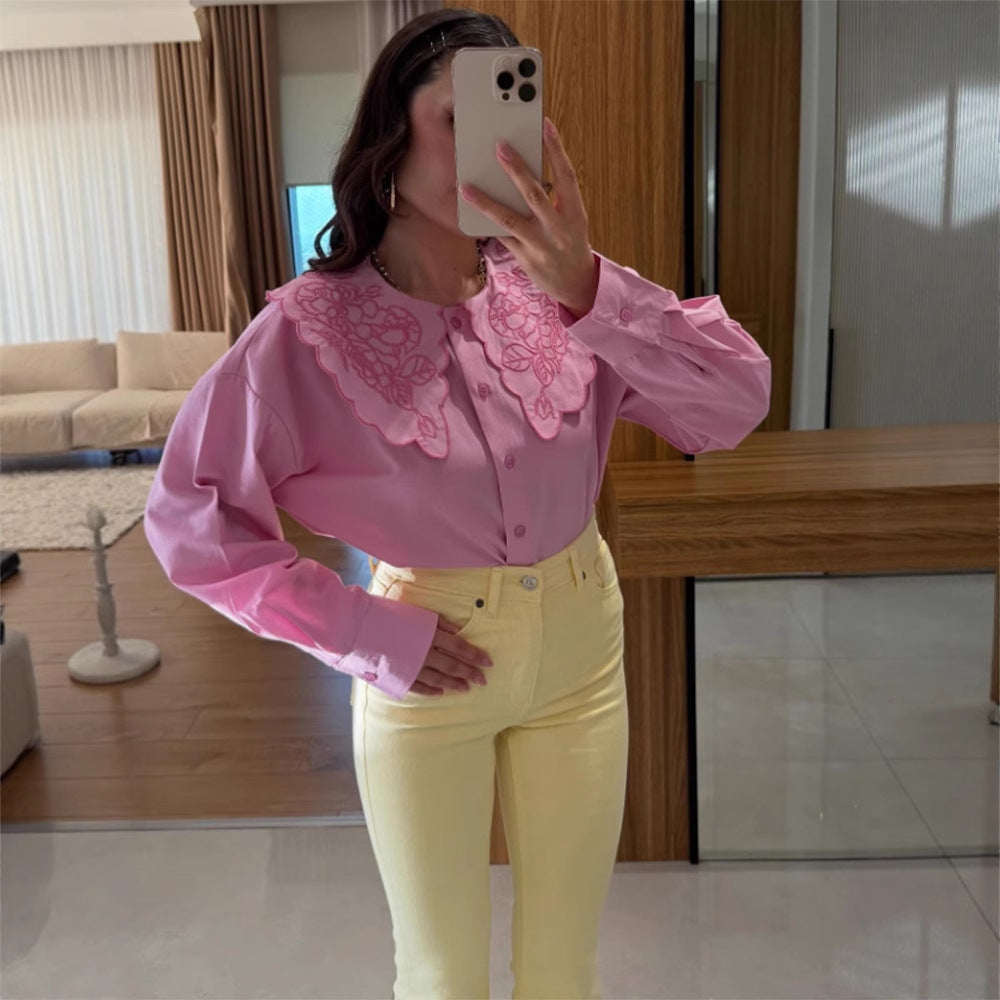 Women's blouse with oversized embroidered lace collar, balloon sleeves & boxy silhouette Mune Fashion