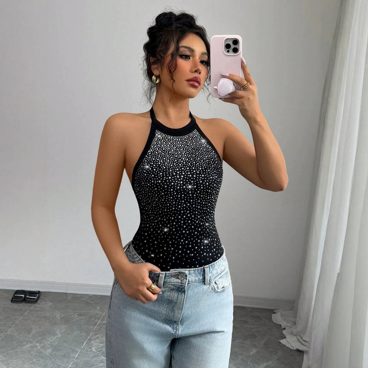 Women's halter bodysuit with high collar and sparkling rhinestone gradient Mune Fashion