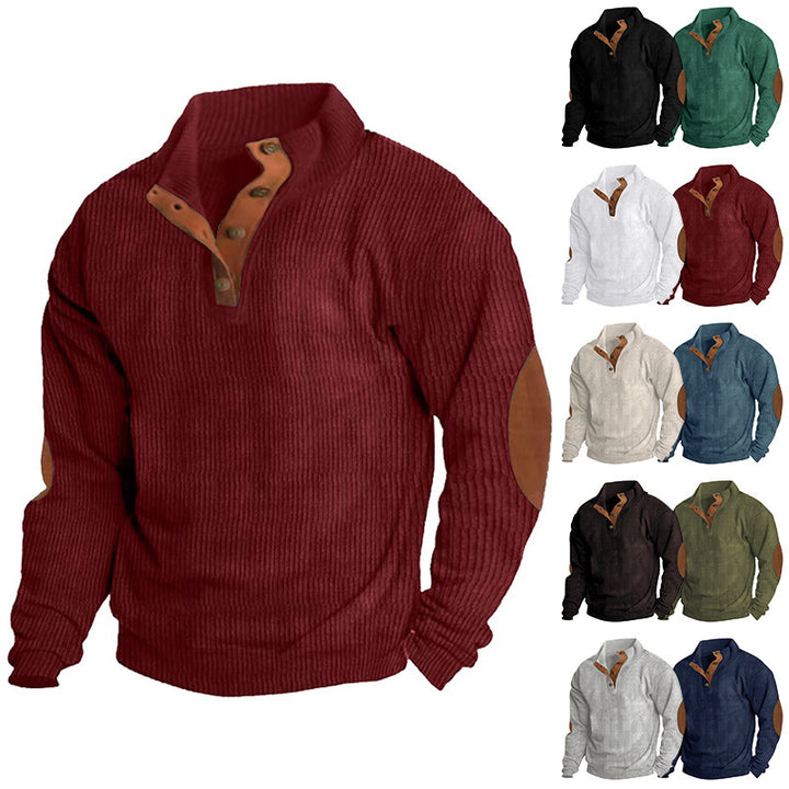 Men's Waffle Knit Henley Sweater with Stand-Up Collar and Elbow Patches Mune Fashion