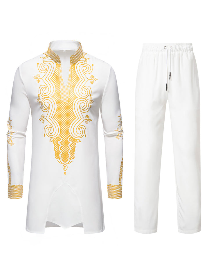 Men's Traditional Embroidered Tunic Set with Mandarin Collar and Elastic Pants Mune Fashion