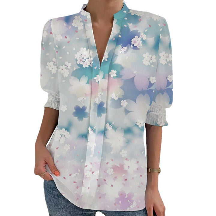 Women Floral Print Tunic Blouse with Stand Collar, Slit V-Placket and Gathered 3/4 Sleeves Mune Fashion