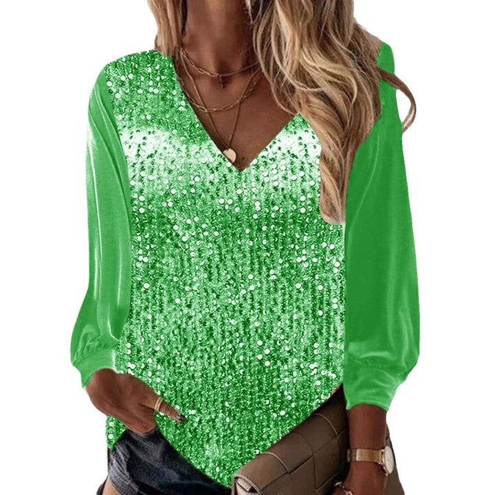 Women's Glittering Sequin V-Neck Blouse with Satin Sleeves Mune Fashion