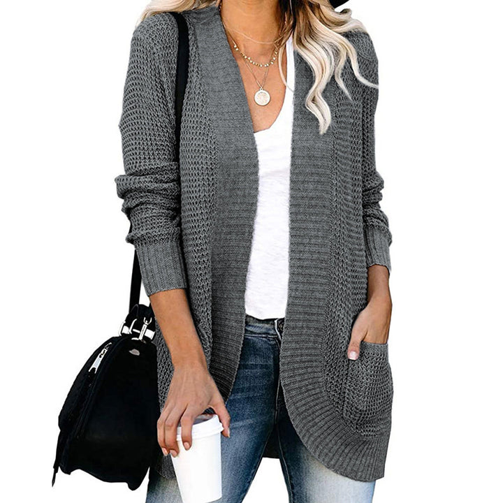 Women Long Open Knit Cardigan with Pockets, Ribbed Cuffs and Structured Waffle Look Mune Fashion