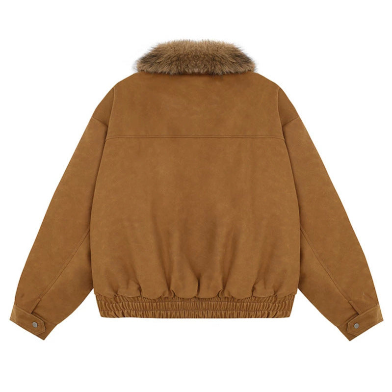 Women's Cropped Bomber Jacket with Faux Fur Collar, Zipper and Elastic Hem Mune Fashion