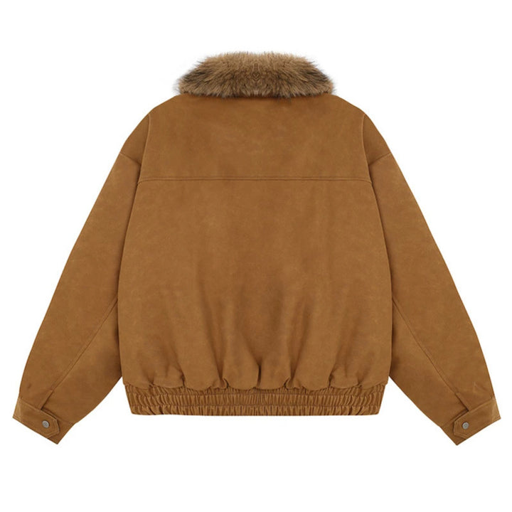 Women's Cropped Bomber Jacket with Faux Fur Collar, Zipper and Elastic Hem Mune Fashion