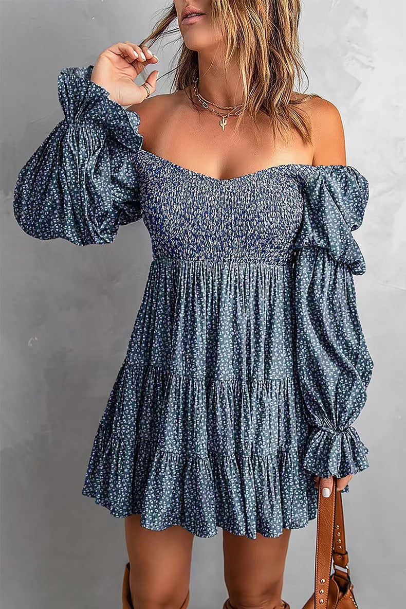 Women Off-Shoulder Mini Dress with Smocked Top, Ruffle Tiers and Gathered Balloon Sleeves Mune Fashion