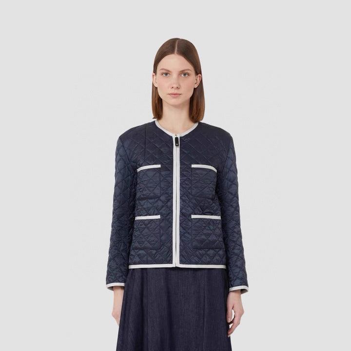Women Lightly Quilted Short Jacket without Collar with Contrast Piping and Full-Length Zipper Mune Fashion