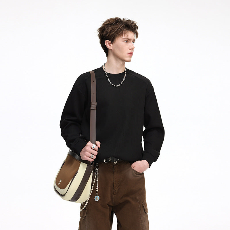 Men's waffle knit round neck sweatshirt with relaxed fit and ribbed cuffs Drune