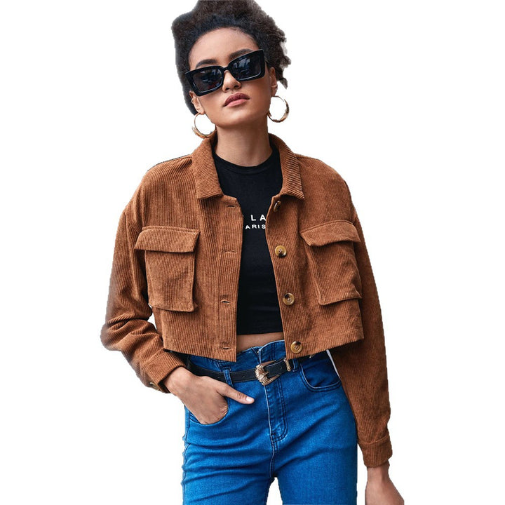 Women's cropped cord jacket with applied flap pockets, shirt collar, and button closure Mune Fashion