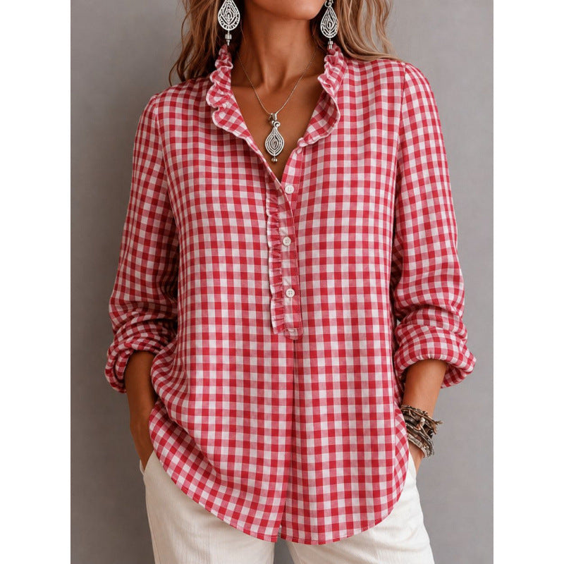 Women Checkered Blouse Top with Ruffled Collar and Half Button Placket Mune Fashion