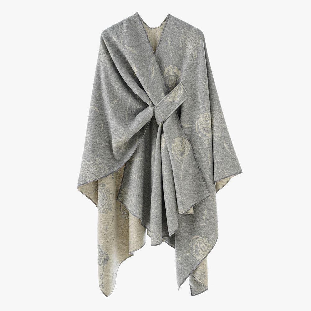 Ladies Reversible Jacquard Wrap with Rose Pattern and Tying Belt Mune Fashion