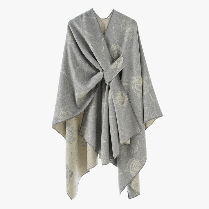 Ladies Reversible Jacquard Wrap with Rose Pattern and Tying Belt Mune Fashion