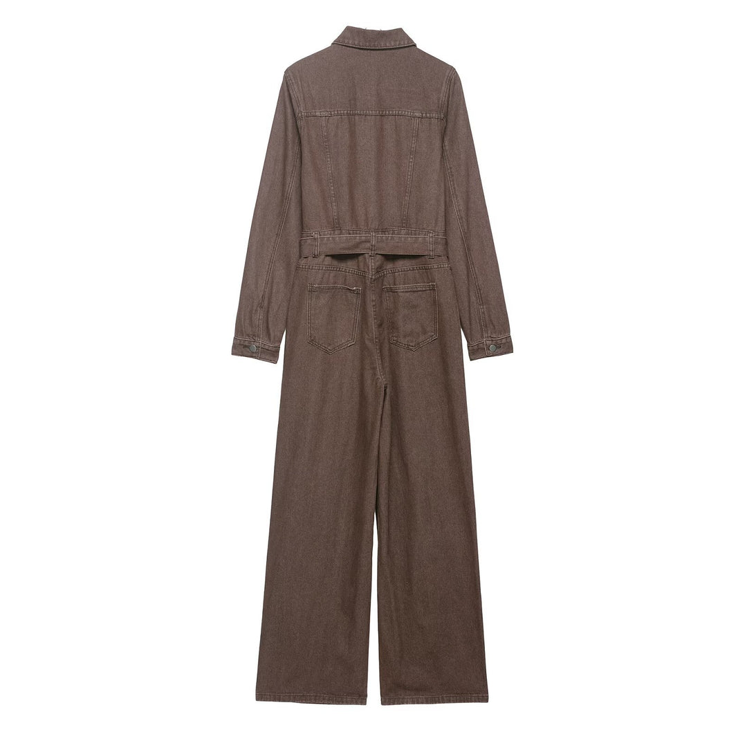 Women's Soft Denim Overall with Shirt Collar, Tailoring Belt and Wide Leg Mune Fashion