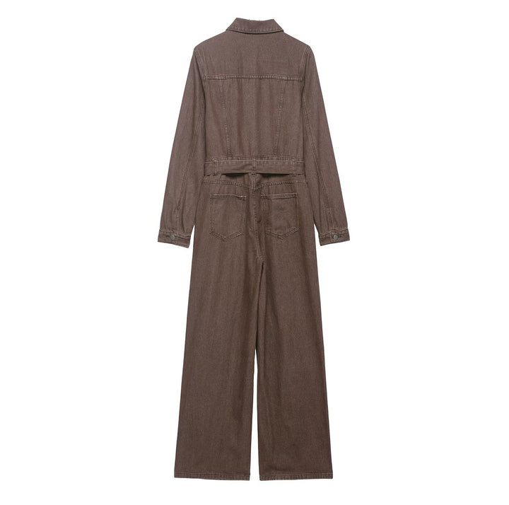 Women's Soft Denim Overall with Shirt Collar, Tailoring Belt and Wide Leg Mune Fashion