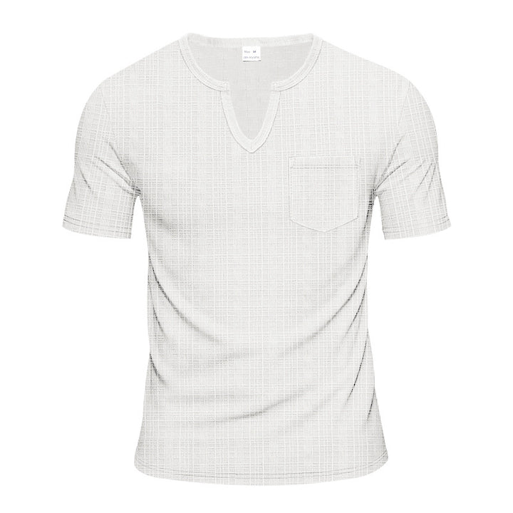 Men's short-sleeved shirt with slit V-neck structured linen look and patch chest pocket Mune Fashion