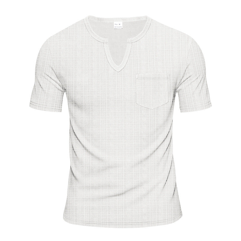 Men's short-sleeved shirt with slit V-neck structured linen look and patch chest pocket Mune Fashion