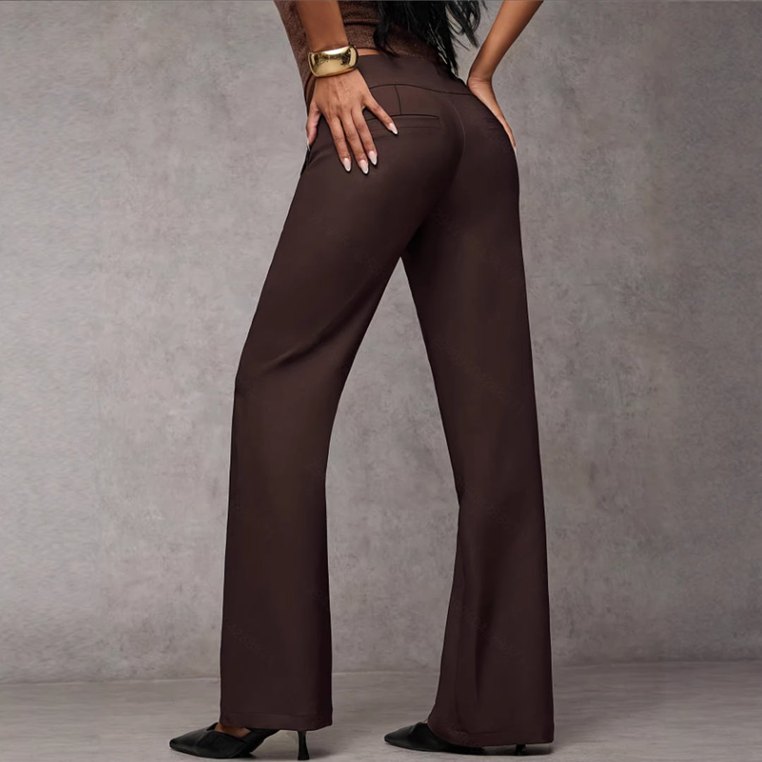 Women high-waisted straight-cut fabric trousers with wide leg and decorative button placket Mune Fashion