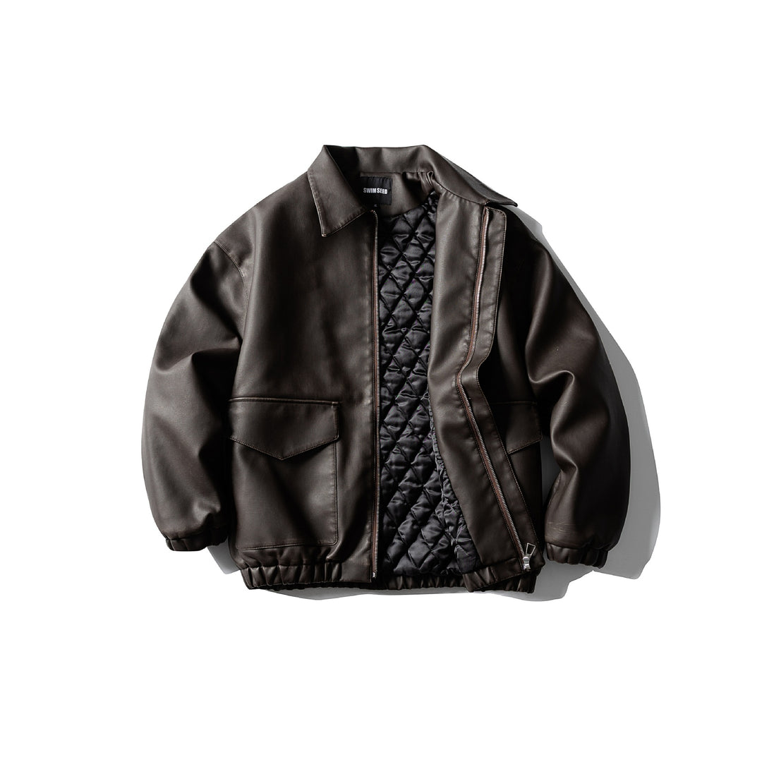 Men's Oversized Faux Leather Bomber Jacket with Flap Pockets, Concealed Closure and Elastic Hem Mune Fashion
