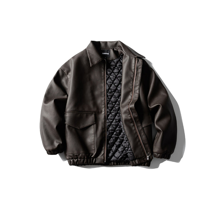 Men's Oversized Faux Leather Bomber Jacket with Flap Pockets, Concealed Closure and Elastic Hem Mune Fashion