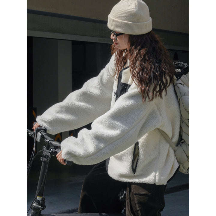 Women's Padded Teddy Fleece Jacket with Contrasting Front Panel and Patch Pockets Mune Fashion