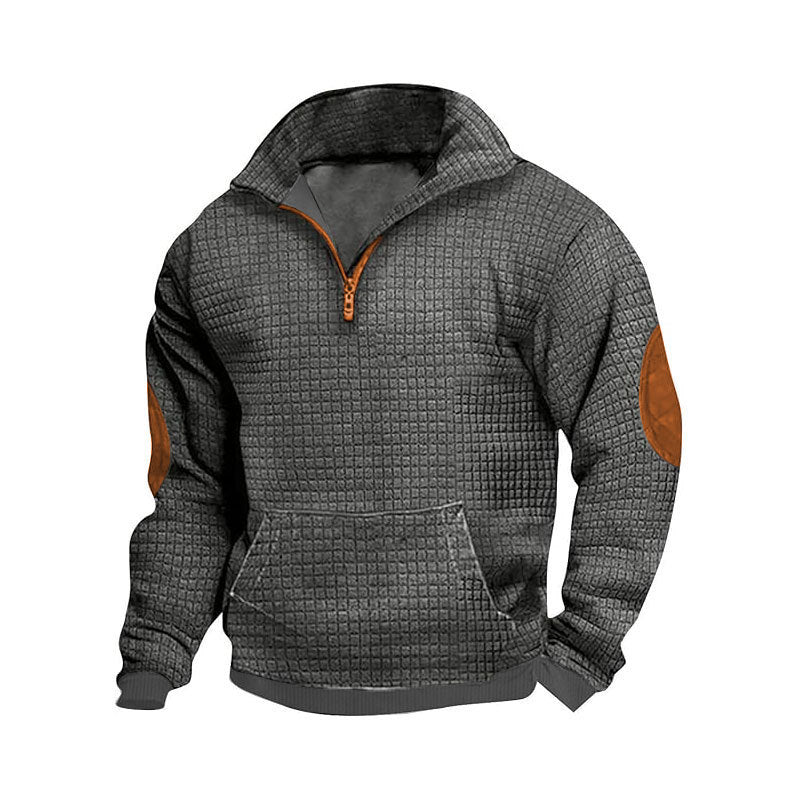 Men's thermo-regulating waffle knit half-zip pullover with kangaroo pocket and faux leather elbow patches Mune Fashion